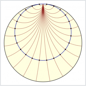 A blue horocycle and red normals (Wikipedia)
